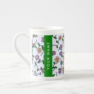 Colourful Flowers, Blue Background, Green Bone China Mug