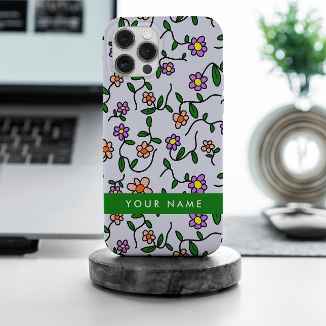 Colourful Flowers, Blue Background, Green iPhone Case (Creator Uploaded)