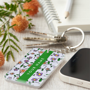 Colourful Flowers, Blue Background, Green Key Ring