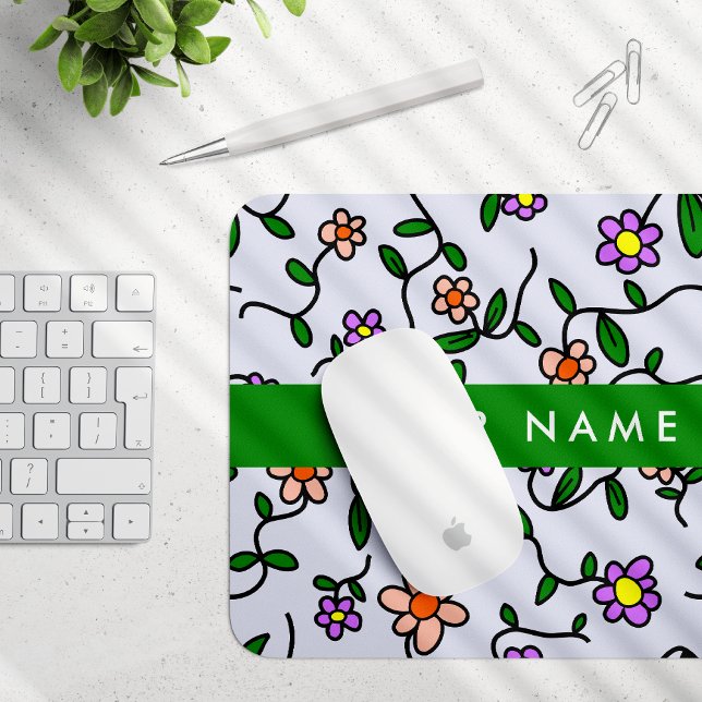 Colourful Flowers, Blue Background, Green Mouse Mat (Creator Uploaded)