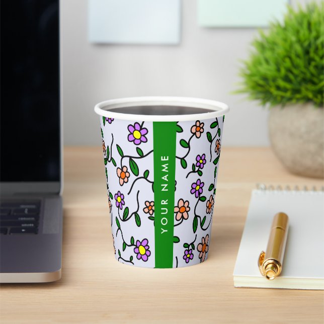 Colourful Flowers, Blue Background, Green Paper Cups (Insitu)