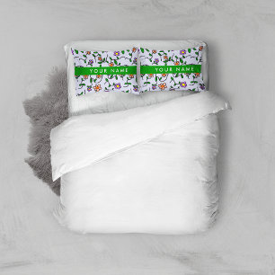 Colourful Flowers, Blue Background, Green Pillowcase
