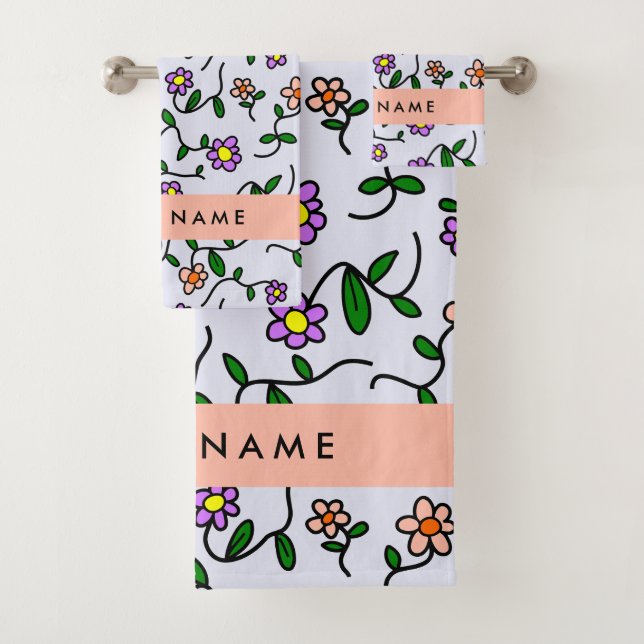 Colourful Flowers, Blue Background, Orange Bath Towel Set (Insitu)
