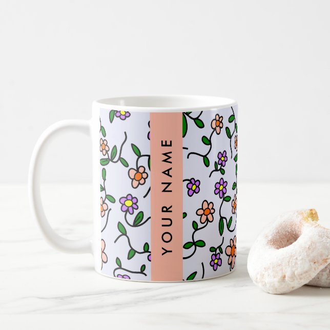 Colourful Flowers, Blue Background, Orange Coffee Mug (With Donut)