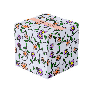 Colourful Flowers, Blue Background, Orange Cube