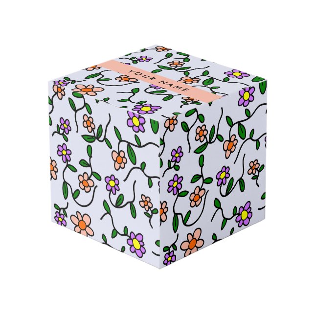 Colourful Flowers, Blue Background, Orange Cube (Front Angled)