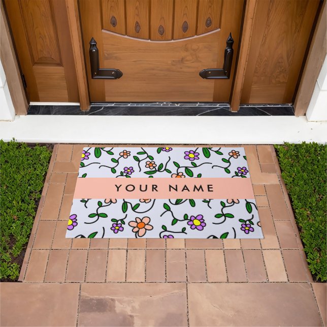 Colourful Flowers, Blue Background, Orange Doormat (Outdoor)