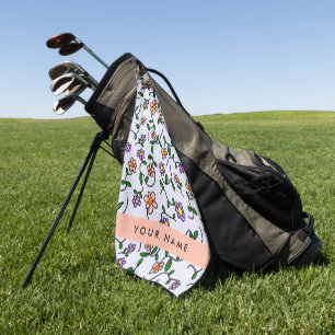Colourful Flowers, Blue Background, Orange Golf Towel