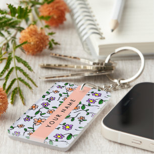 Colourful Flowers, Blue Background, Orange Key Ring