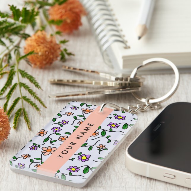 Colourful Flowers, Blue Background, Orange Key Ring (Front Right)