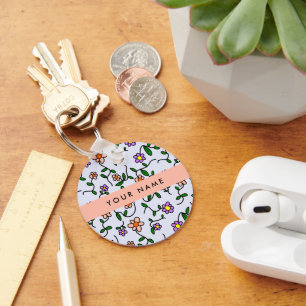 Colourful Flowers, Blue Background, Orange Key Ring