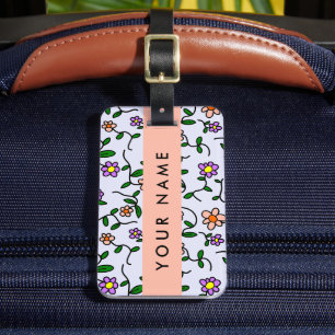Colourful Flowers, Blue Background, Orange Luggage Tag