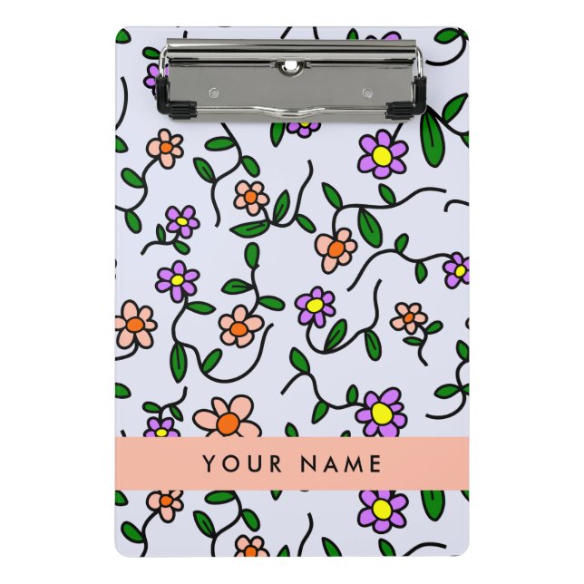 Colourful Flowers, Blue Background, Orange Mini Clipboard (Front)