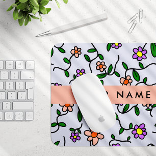 Colourful Flowers, Blue Background, Orange Mouse Mat