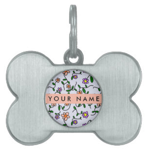 Colourful Flowers, Blue Background, Orange Pet ID Tag