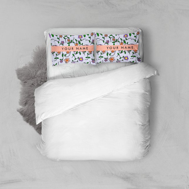 Colourful Flowers, Blue Background, Orange Pillowcase (Creator Uploaded)