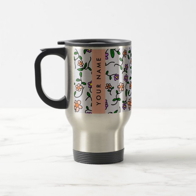 Colourful Flowers, Blue Background, Orange Travel Mug (Left)