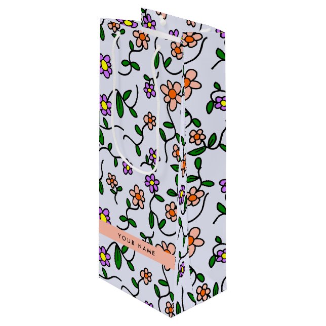 Colourful Flowers, Blue Background, Orange Wine Gift Bag (Front Angled)