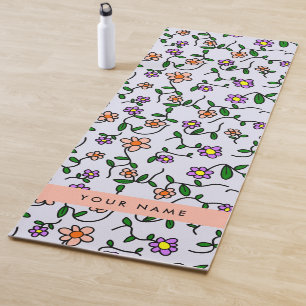 Colourful Flowers, Blue Background, Orange Yoga Mat