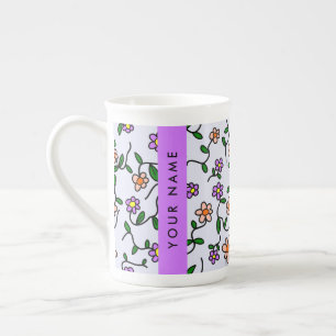 Colourful Flowers, Blue Background, Purple Bone China Mug