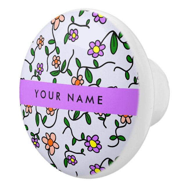 Colourful Flowers, Blue Background, Purple Ceramic Knob (Right)