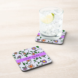 Colourful Flowers, Blue Background, Purple Coaster