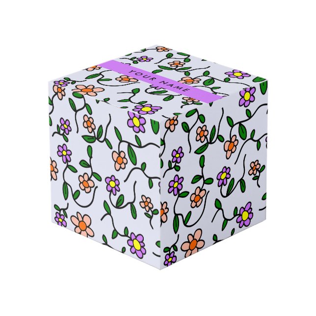 Colourful Flowers, Blue Background, Purple Cube (Front Angled)