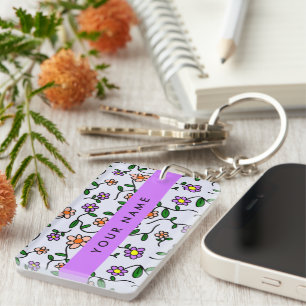 Colourful Flowers, Blue Background, Purple Key Ring
