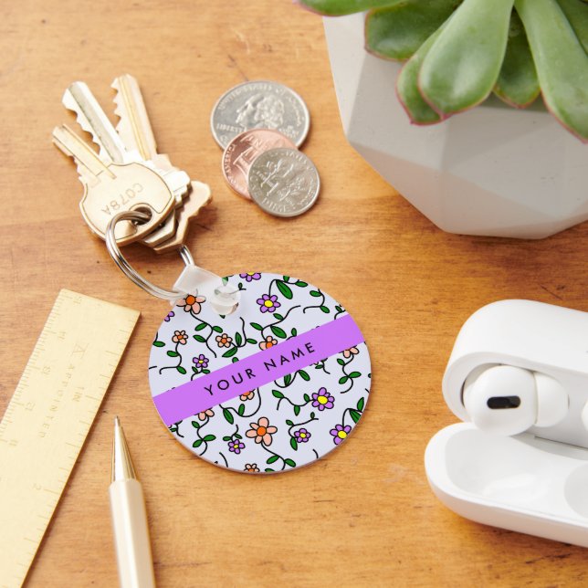 Colourful Flowers, Blue Background, Purple Key Ring (Desk)