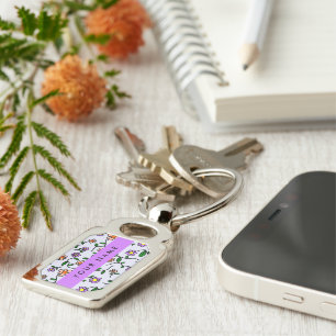 Colourful Flowers, Blue Background, Purple Key Ring