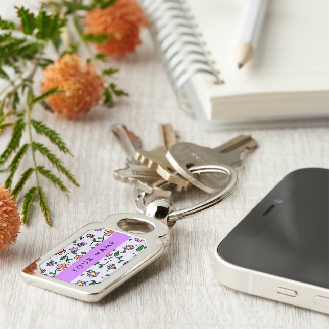 Colourful Flowers, Blue Background, Purple Key Ring (Side)
