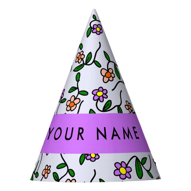 Colourful Flowers, Blue Background, Purple Party Hat (Front)