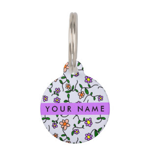 Colourful Flowers, Blue Background, Purple Pet Tag