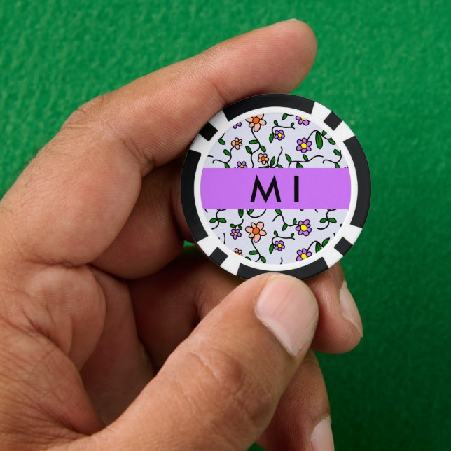 Colourful Flowers, Blue Background, Purple Poker Chips (Hand)