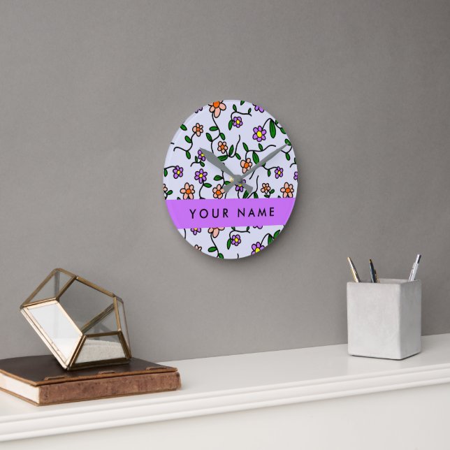 Colourful Flowers, Blue Background, Purple Round Clock (Office)