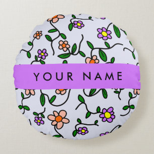 Colourful Flowers, Blue Background, Purple Round Cushion