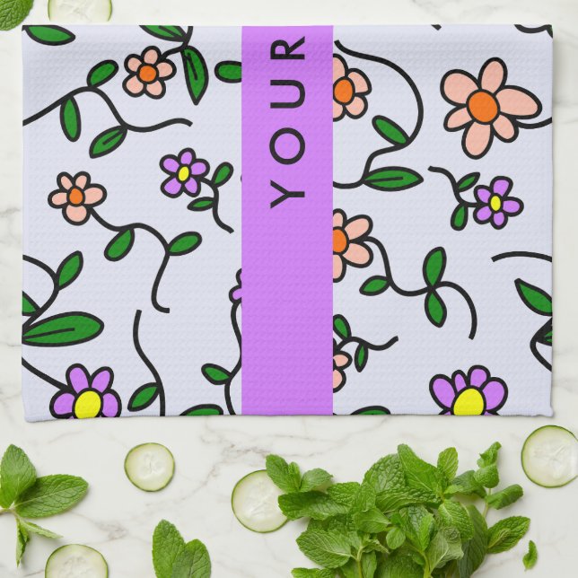 Colourful Flowers, Blue Background, Purple Tea Towel (Folded)