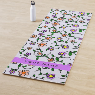 Colourful Flowers, Blue Background, Purple Yoga Mat