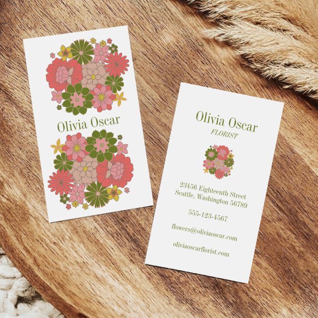Colourful Flowers Boho Pink Floral Illustration Business Card (Creator Uploaded)
