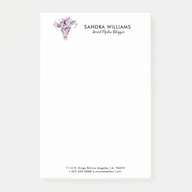 Colourful flowers boho skull illustration post-it notes (Front)