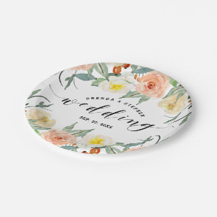 Colourful Flowers Border Wedding Typography Paper Plate