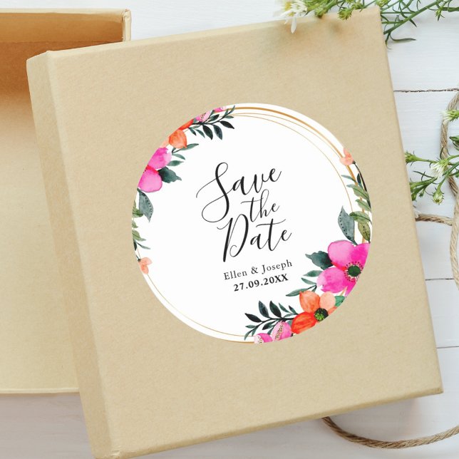 Colourful Flowers Botanical Wedding Save The Date  Classic Round Sticker (Creator Uploaded)