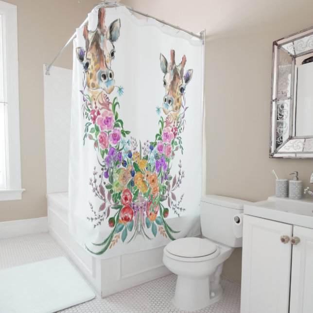 Colourful Flowers Bouquet Giraffe - Drawing Floral Shower Curtain (In Situ)