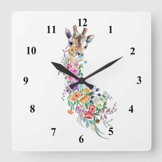 Colourful Flowers Bouquet Giraffe - Drawing Floral Square Wall Clock (Front)