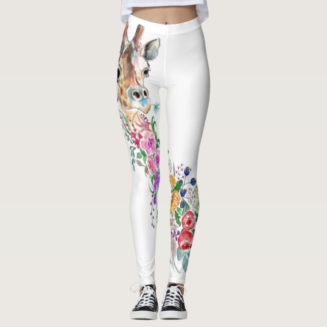 Colourful Flowers Bouquet Giraffe - Drawing Modern Leggings (Front)