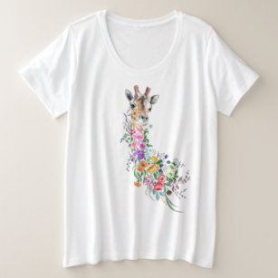 Colourful Flowers Bouquet Giraffe - Drawing Modern Plus Size T-Shirt