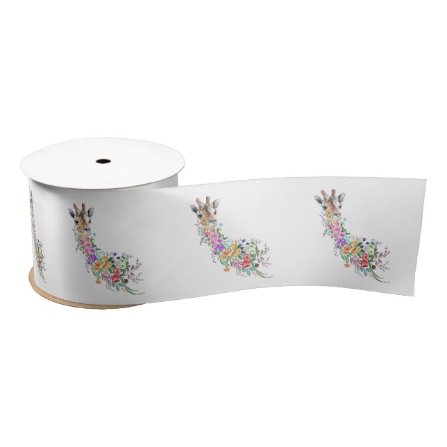 Colourful Flowers Bouquet Giraffe - Drawing Modern Satin Ribbon (Spool)