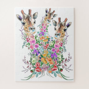 Colourful Flowers Bouquet Giraffe Family Love Jigsaw Puzzle