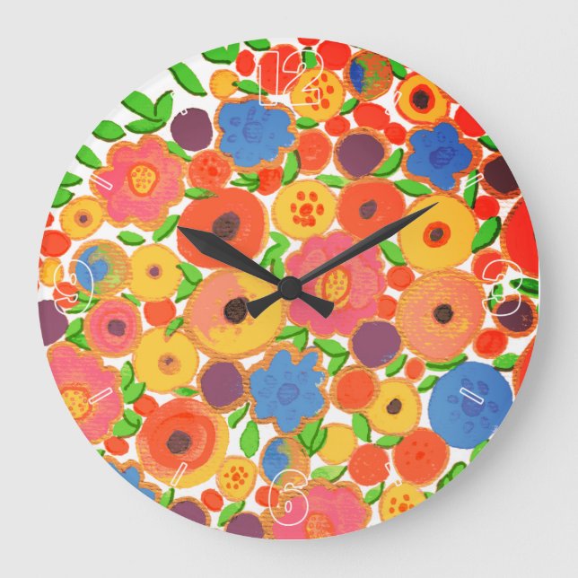 Colourful Flowers Bouquet in a Black Boho Vase Large Clock (Front)