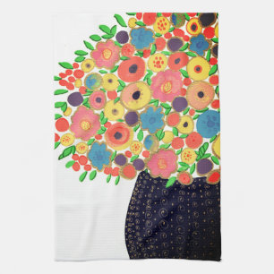 Colourful Flowers Bouquet in a Black Boho Vase Tea Towel